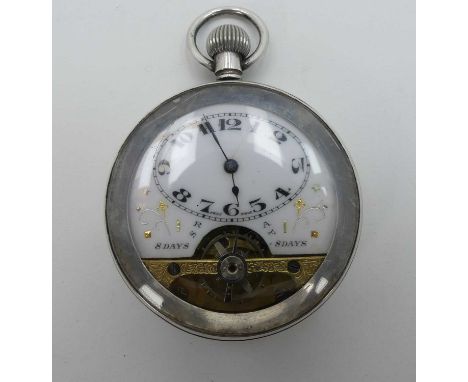 A French gent's silver cased open face pocket watch, having white enamel dial, eight-day keyless movement with visible escape