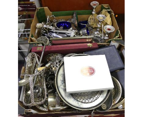 Two boxes of miscellaneous metalware, to include a three-branch table candelabra, rose bowls, wine bottle cradle, loose flatw