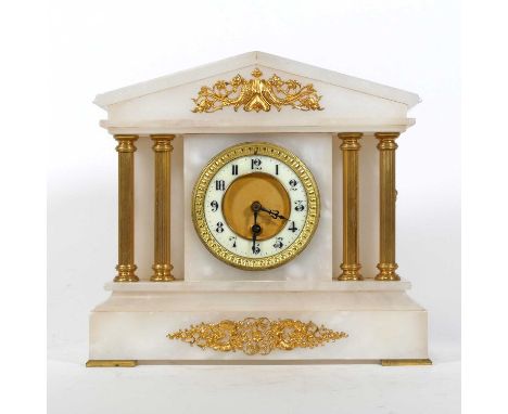 A Victorian alabaster mantel clock, of architectural form, the enamelled chapter ring showing Arabic numerals, h.29cm