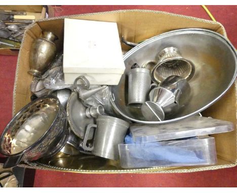 A box of miscellaneous items to include a 19th century pewter tankard, plated meat cloche, pewter chamber stick, etc