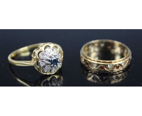 A modern 18ct gold sapphire and diamond point set flower head cluster ring, size Q, 3.5g; together with a 9ct gold garnet and