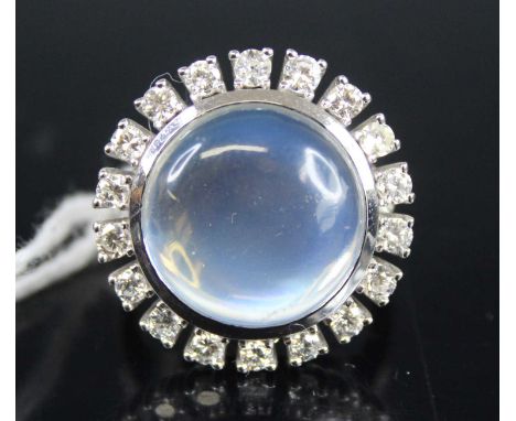 A white metal moonstone and white sapphire set dress ring, size M, 10.9g