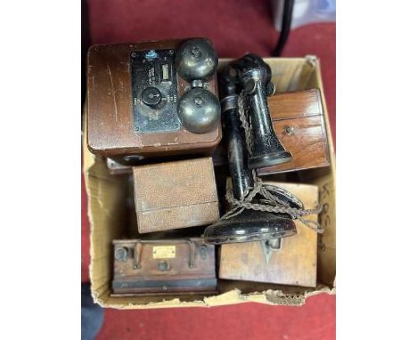 A box of mixed effects, to include Pifco vibratory massager, 19th century electric shock kit, stick telephone and volt tester