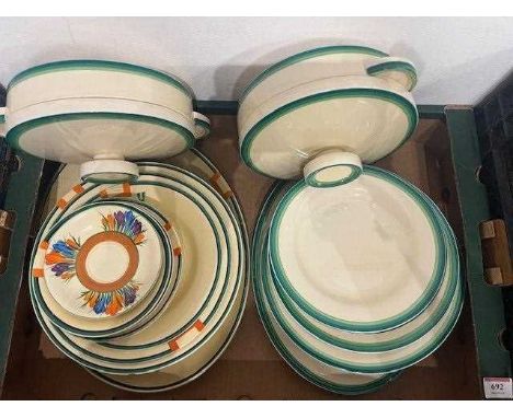 A box of mixed ceramics to include Clarice Cliff Crocus and Bizarre pattern, tureens, dinner plates, serving dishes, soup bow