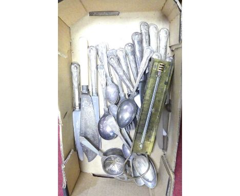 A small collection of loose silver plated kings pattern flatware, brass thermometer, tea strainer, etc