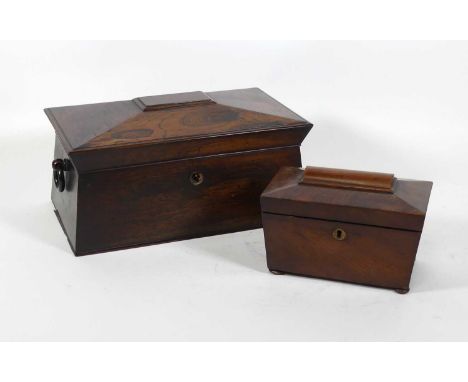A 19th century rosewood tea caddy, of sarcophagus shape, lacking interior, w.34cm; together with a mahogany example (2)