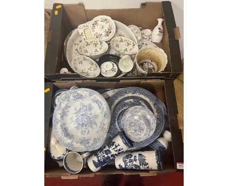 2x boxes mixed ceramics to inc. Wedgwood Wild Strawberry pattern, blue &amp; white wares and Willow pattern to inc. Churchill