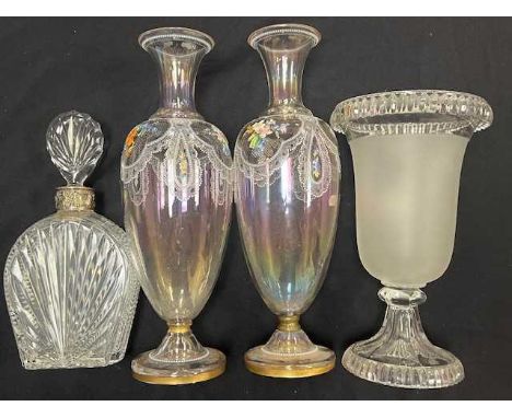 A pair of 19th century floral enamel decorated glass vases, of ovoid pedestal shape, height 33cm, together with a cut glass d