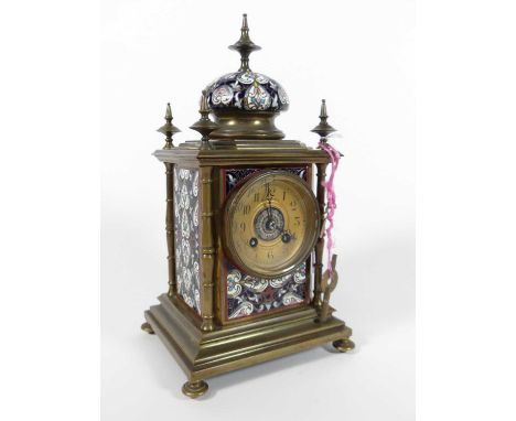 A 19th century brass and cloisonne enamel mantel clock, the brass chapter ring showing Arabic numerals, having an eight-day m