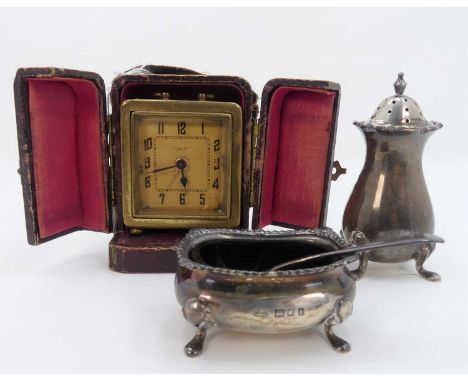 A George V silver pepperette; together with a silver open salt with blue glass liner; and associated spoon, weighable silver 