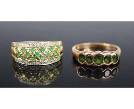 A modern 14ct gold, emerald and diamond point set half-hoop ring, size Q; together with a 9ct gold and tourmaline set half-ho