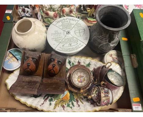 A box of miscellaneous items to include book-ends, ceramics, and a Grimwades Quick Cooker Bowl etc 