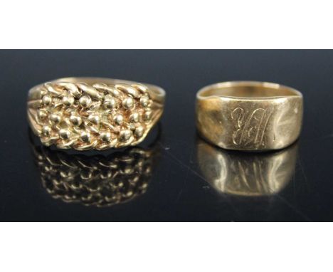 A 9ct gold signet ring, size J/K; together with a yellow metal and chased signet ring, unmarked but tests as approx 9ct gold,