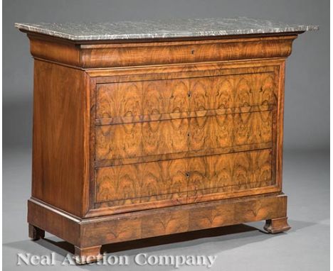 Louis Philippe Flamed Mahogany Commode, 19th c., marble top, ogee molded drawer above three drawers, hidden drawer in base, b