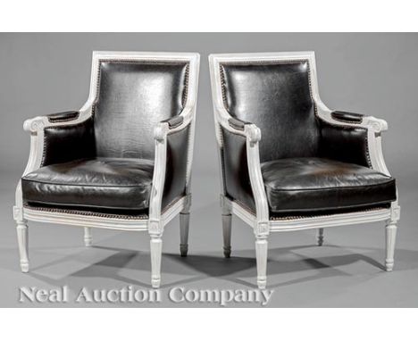 Pair of Neoclassical-Style Crème Peinte Bergères, brown leather upholstery. Ill.: Read, Mimi. "A Historic Greek Revival Resid