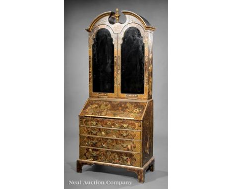 Queen Anne-Style Chinoiserie Secretary, broken arch crest surmounted by a gilt finial, paneled mirrored doors enclosing shelv