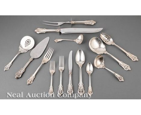 Wallace "Grande Baroque" Pattern Sterling Silver Flatware Service, pat. 1941, incl. 12 forks (l. 7 1/2 in.), 12 knives (l. 8 