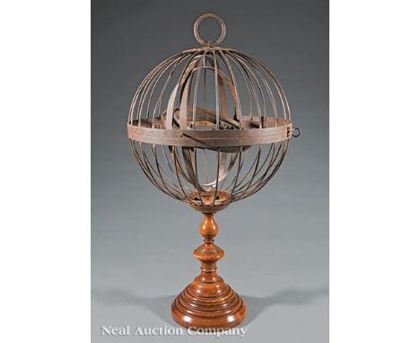 Antique Iron Ship's Light, gimbaled light, presented as an "armillary sphere", turned stand, h. 31  in., dia. 18 1/2 in     