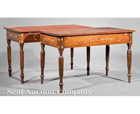 Pair of Antique Anglo-Colonial Bone Inlaid Hardwood Console Tables, 19th c., inlaid top and frieze, reeded tapering legs, h. 