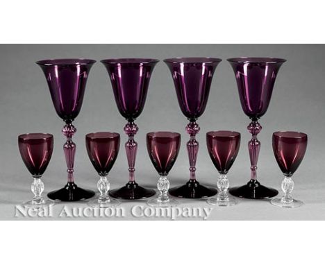 Nine Amethyst Crystal Goblets, air twist stems, h. 9 1/4 in.; together with 12 amethyst and clear glass sherry glasses, h. 4 