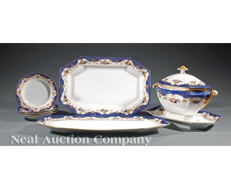 Paris Porcelain Partial Dinner Service, mid-19th c., incl. covered soup tureen, h. 12 in., w. 14 1/2 in.; fish platter, 24 in