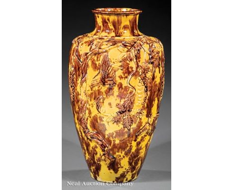 Japanese Kyoto Pottery Caramel and Yellow Glazed Vase, early 20th c., relief-decorated with birds amid wisteria branches, h. 