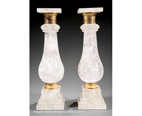 Pair of Rock Crystal and Gilt Metal Baluster Lamps, two light fixture, h. to finial 33 in     
