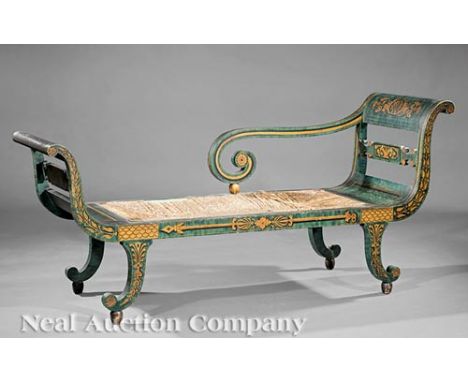 American Classical Fancy-Painted Grecian Sofa, early 19th c., New York, outscrolled arms centered by tablet splats, old rush 