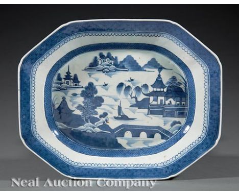 Chinese Export Canton Blue and White Porcelain Platter, 19th c., decorated with a landscape scene, rain and cloud borders, l.