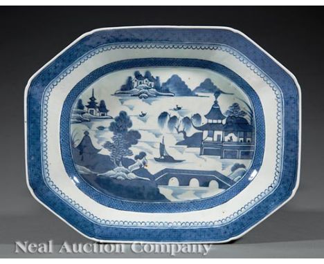 Chinese Export Canton Blue and White Porcelain Platter, 19th c., decorated with a landscape scene, rain and cloud borders, l.