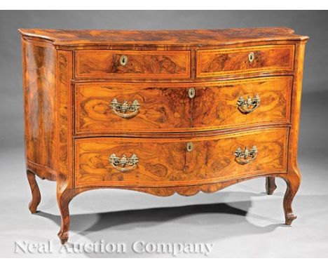 Italian Late Rococo Fruitwood Inlaid and Burled Walnut Commode, c. 1765, serpentine top, conforming case with two short drawe