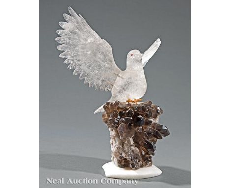 Rock Crystal Bird Figure, 20th c., on an amethyst geode, h. 12 3/4 in., w. 11 in., d. 8 in     