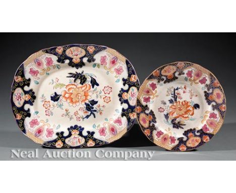 English Imari Pottery Barbed Rim Oval Platter and Similar Dish, floral decoration, platter l. 15  1/2 in., w. 12 1/4 in., dis