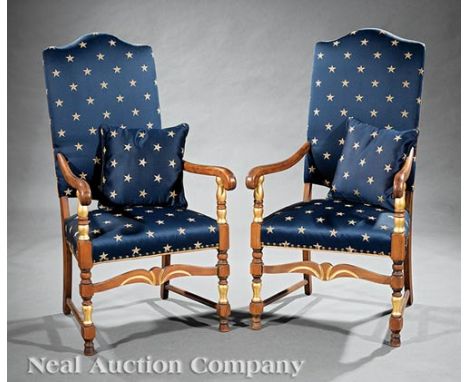 Pair of American Colonial-Style Mahogany Armchairs, padded backs and seats, scrolled arms, carved stretcher, turned legs, lat