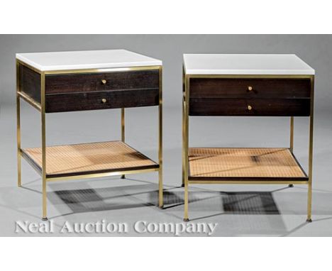 Pair of Paul McCobb (1917-1969) for Calvin "Irwin Collection" White Glass, Mahogany, Brass and Caned End Tables/Night Stands,