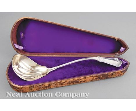 American Coin Silver Punch Ladle, Wood & Hughes, New York, act. 1845-1899, "Humboldt" pattern, c. 1880, bowl retains traces o