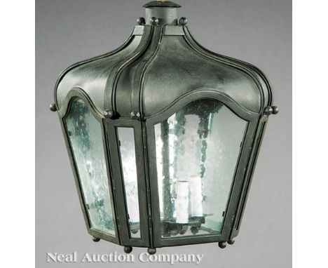 Pair of Continental Patinated Metal Hall Lanterns, 20th c., fitted with four-light fixture, h. (without chain) 18 in., h. (wi