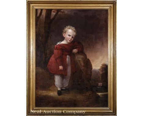 American School, mid-19th c., "Portrait of a Young Boy in the Countryside", oil on canvas, unsigned, 48 1/2 in. x 36 in., fra