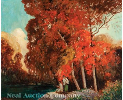 Nunzio Vayana (Italian/American, 1878-1960, act. St. Augustine, FL, 1940s), "Seminole Indians Fishing", oil on canvas, signed