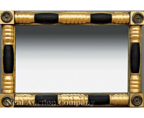 American Classical Brass-Mounted, Painted and Parcel Gilt Mirror, blocked brass medallion corners, turned surround, h. 24 1/2