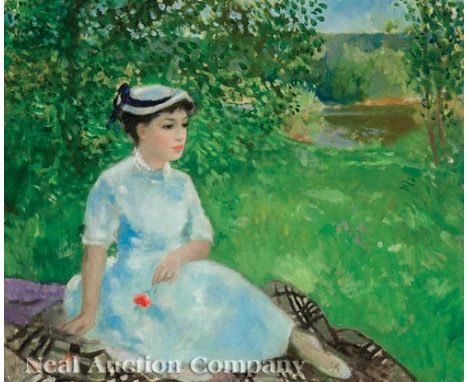 François Gall (French, 1912-1987), "Picnic in the Woods", oil on canvas, signed lower left, 19 1/2 in. x 23 1/2 in., framed. 