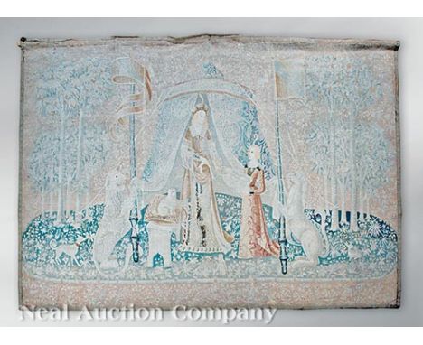 Antique Continental "Lady and the Unicorn" Tapestry, after the original titled "A Mon Seul Desir", the lady flanked by a unic