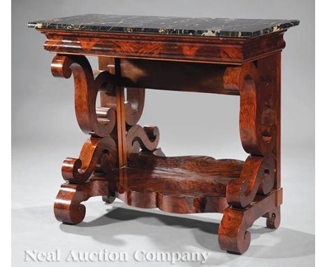 American Late Classical Carved Mahogany Pier Table, c. 1835, marble top, ogee molded frieze, opposing S scrolled supports, sh