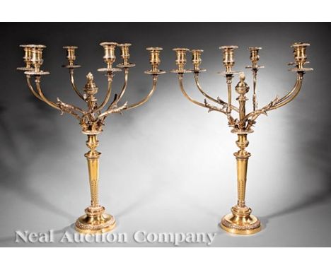 Fine Pair of Regency-Style Sterling Silver-Gilt Six-Light Candelabra, Crichton & Co. Ltd., New York, early 20th c., foliate s