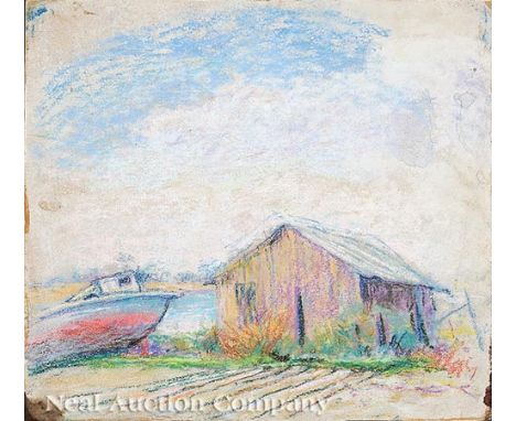 Anne Wells Munger (American/Mississippi, 1862-1945), "Fishing Camp and Boat", pastel on board, unsigned, 16 in. x 18 in.; "Ma