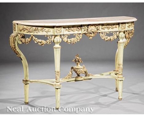 Antique Italian Painted and Parcel Gilt Console, shaped marble top, conforming blocked frieze mounted with floral-carved swag