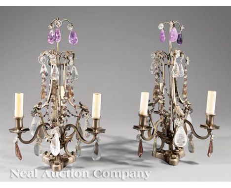 Pair of Beaux Arts Argenté, Rock Crystal and Amethyst Three-Light Girandoles, c. 1900, scroll supports with bird terminals, t
