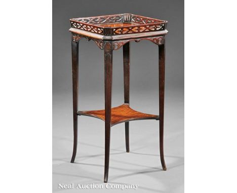 Chinese Chippendale-Style Carved Mahogany Kettle Stand, 20th c., pierced tray top, molded tapered legs, incurvate shelf with 