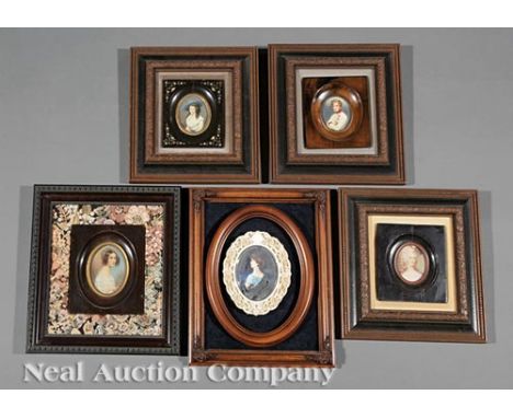 Five Continental Portrait Miniatures, 19th/20th c., each signed "Laroy", "F. Shmitz", "Le..." or "D. Parado" lower or mid-rig