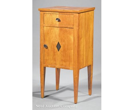 Antique Biedermeier Inlaid Fruitwood Commode, 19th c., frieze drawer over diamond inlaid door, square tapered legs, h. 32 in.